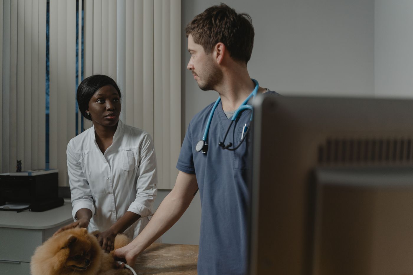 Two Omega clinicians reviewing a referred patient's case together